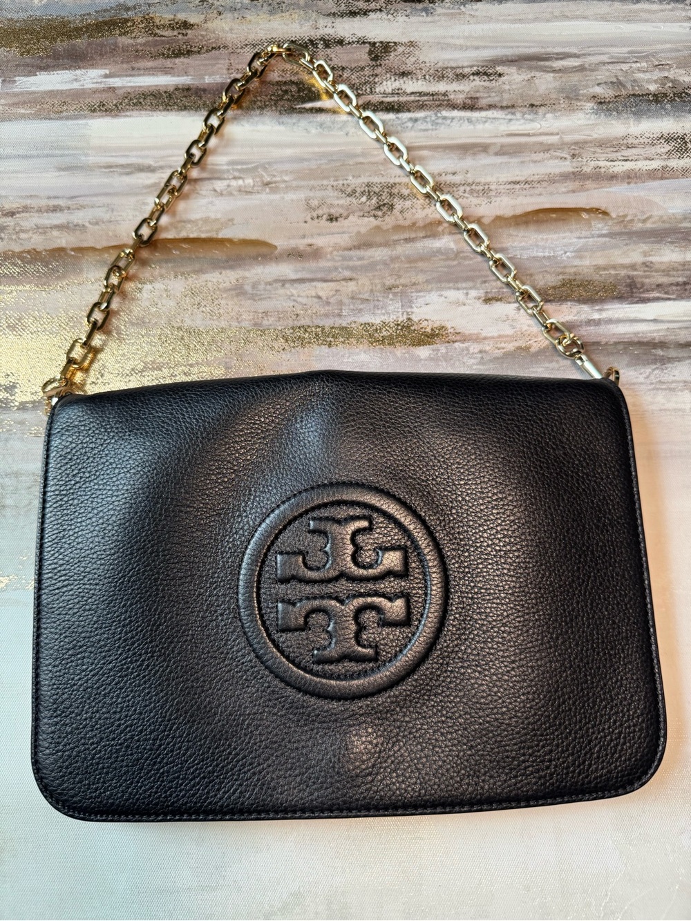 Tory Burch Black Leather Crossbody with Gold Chain Strap